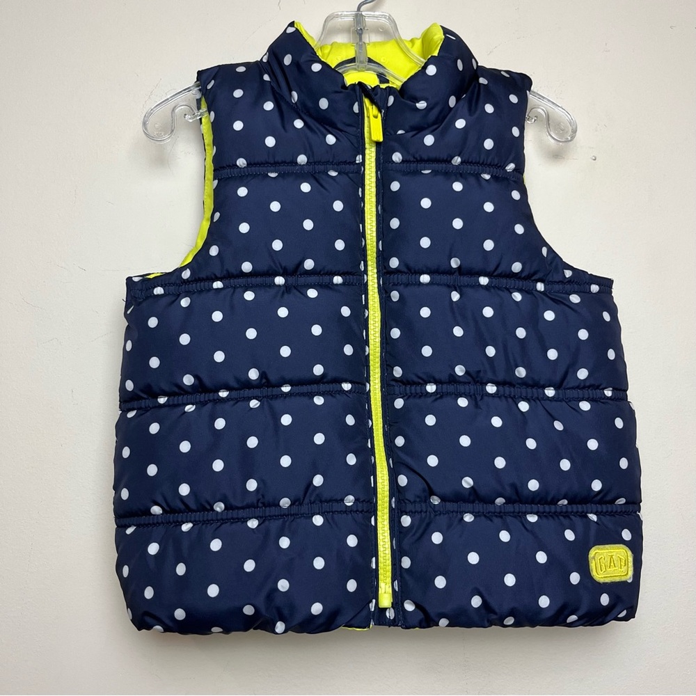 Baby GAP 3T Toddler Puffer Vest Navy w/ White Polka Dots and Neon Yellow Lining